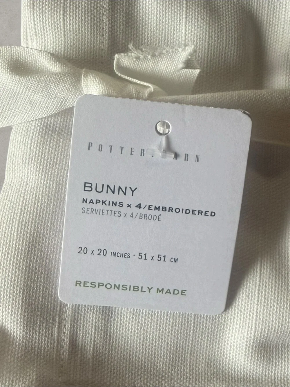 NWT pottery barn Bunny Embroidered Cotton Napkins - Set of 4